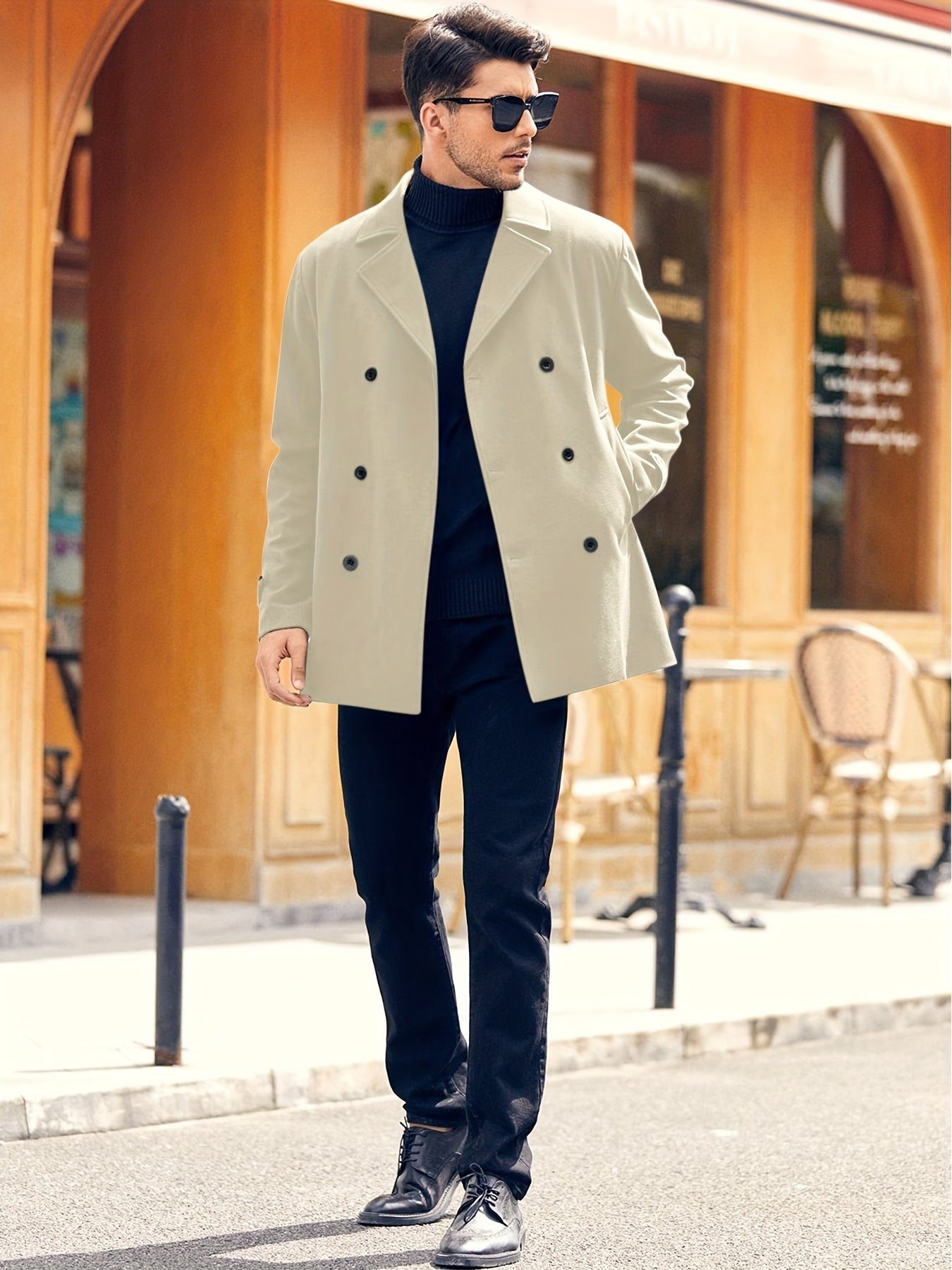 Men's fashion fleece coat for autumn/winter, double-breasted lapel coat, mid-length windbreaker for big & tall sizes.