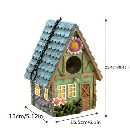 Wooden birdhouse with LED lights, ABS resin crafted, outdoor garden decor, winter nest for birds, hanging ornament.