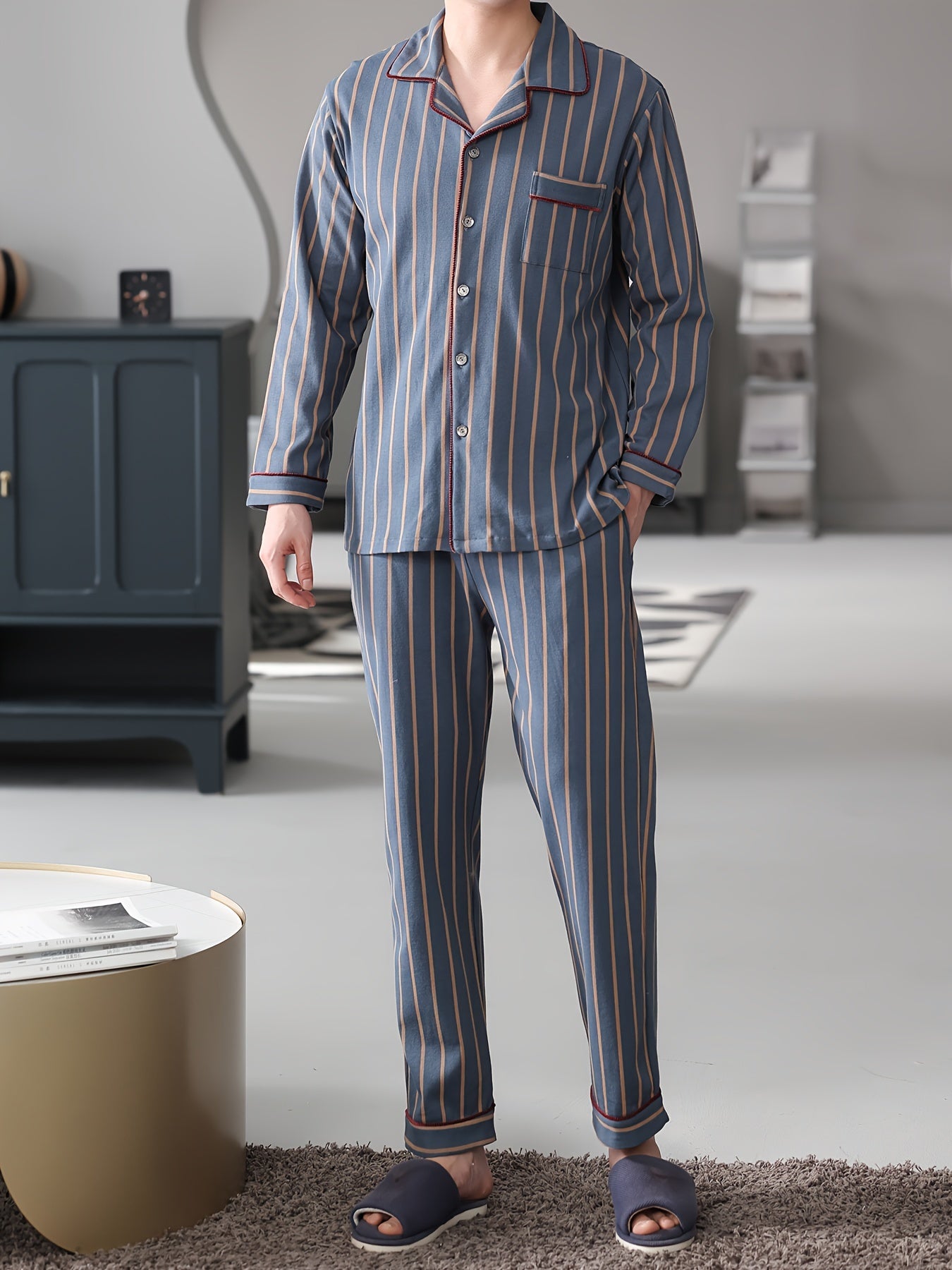 2 Men's Casual Striped Cotton Pajama Sets with Long Sleeve Lapel Shirt and Elastic Waist Pants