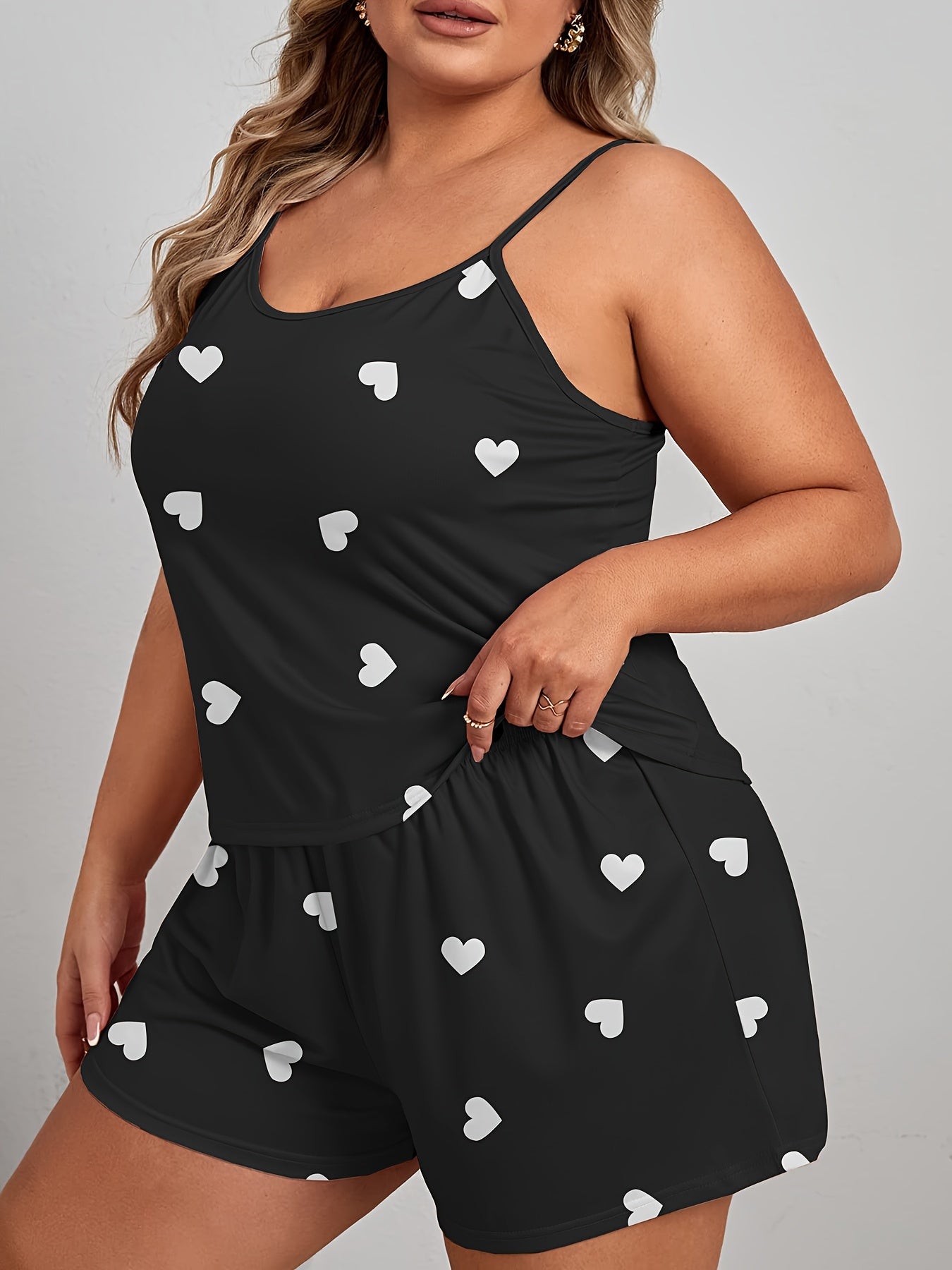 Plus size women's heart print pajama set with cami top and shorts