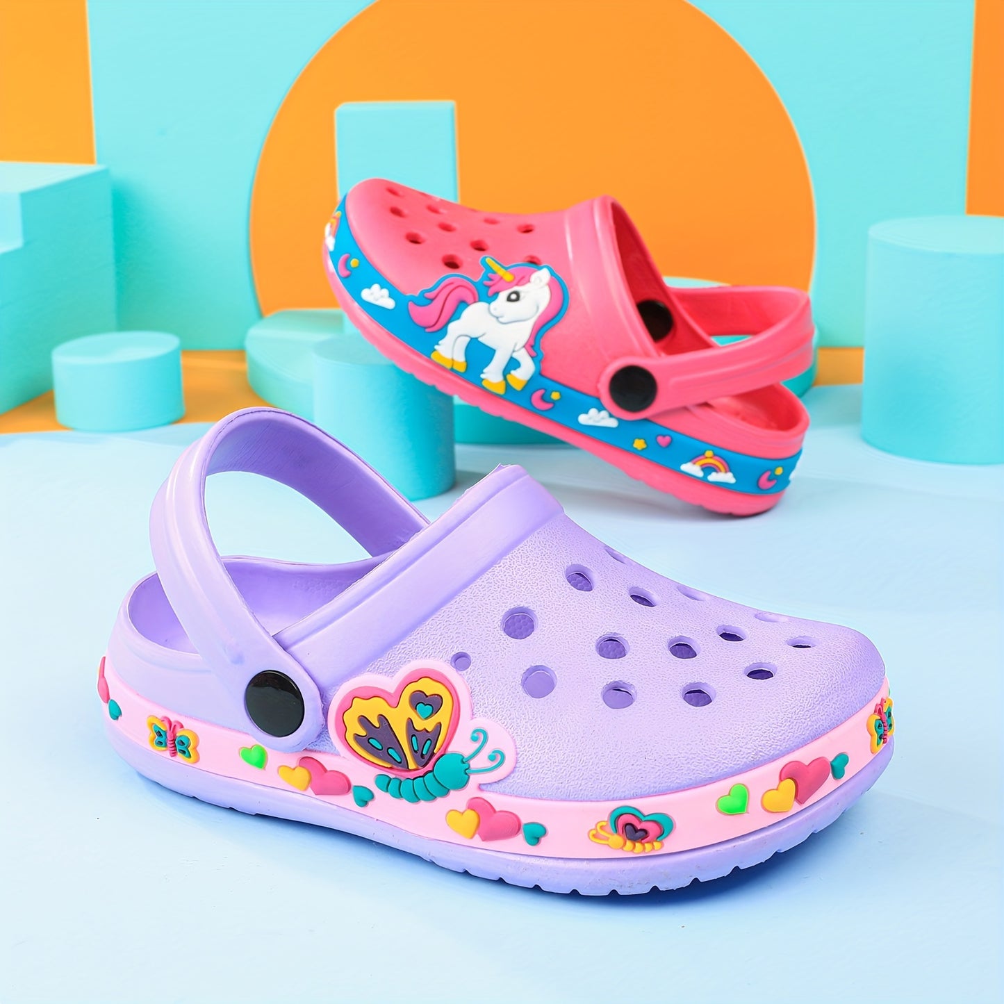 Toddler girls' cartoon print platform clogs with closed toe, anti-skid soles, and hollow out design – perfect for outdoor play.