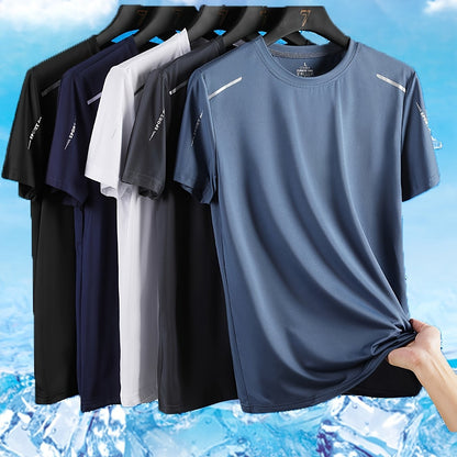 5 Men's Quick-Dry Athletic T-Shirts made of breathable polyester & elastane blend, perfect for summer workouts & casual wear.