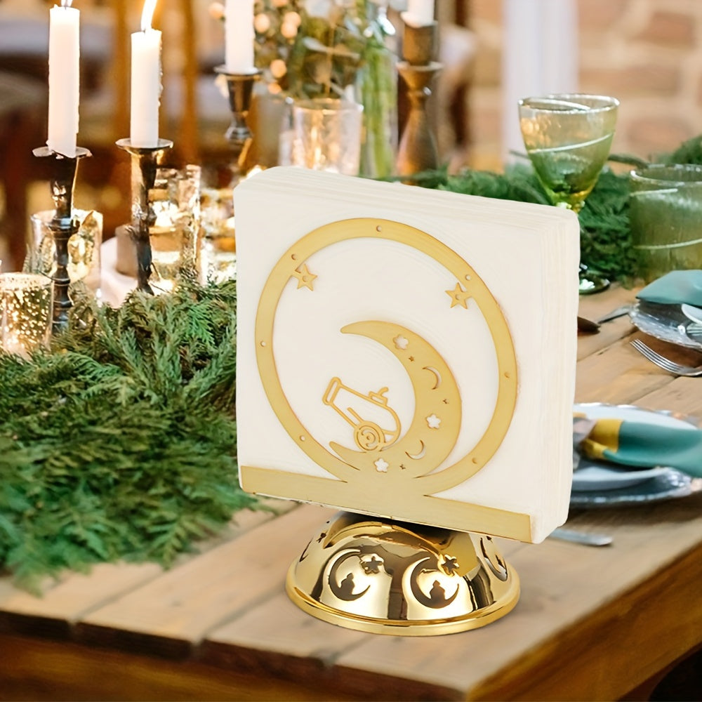 Elevate Your Dining Table Decor with a Stunning Seasonal Napkin Holder Featuring a Crescent Moon Design in Gold Plated Metal - A Sophisticated Standing Tissue Dispenser Ideal for Celebrating Christmas, Halloween, Easter, Hanukkah, and Thanksgiving