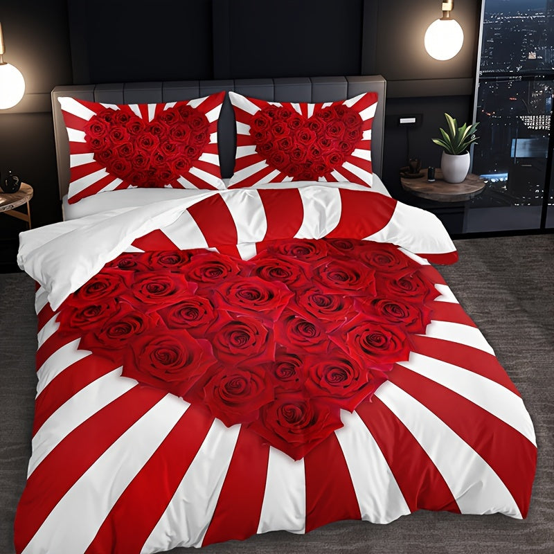 Set the mood with this romantic Red & White Rose Floral Print Bedding Set featuring 3 pieces - 1 Duvet Cover and 2 Pillowcases. Made from breathable polyester, this set offers all-season comfort with a high-definition print perfect for adding flair to