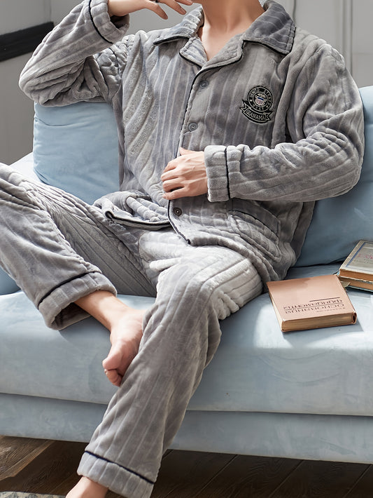 Autumn/Winter Flannel Pajama Set for Men featuring warm long sleeves and pants in thickened velvet fabric.