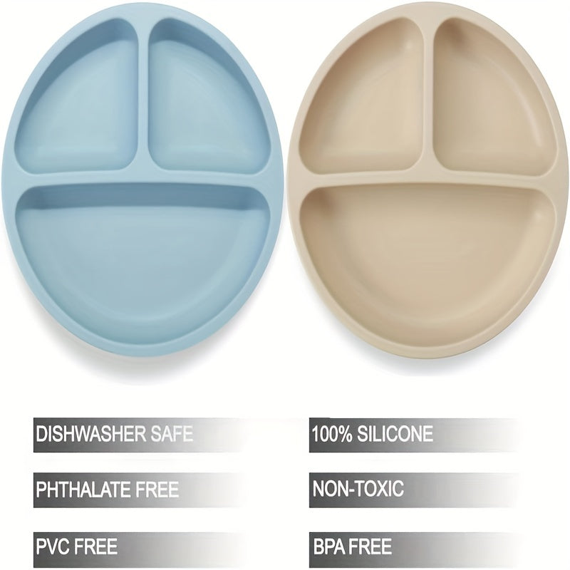 Silicone dining set for children includes plate, bowl, utensils, and microwave-safe bowl free of BPA.