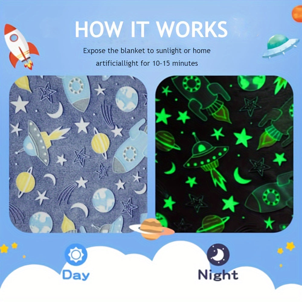 One piece of contemporary style throw blanket featuring glow in the dark space theme. Made of knitted all-season polyester, this bed blanket has active printing with a cartoon rocket and stars pattern. It is soft and can be used as a sofa cover. An ideal