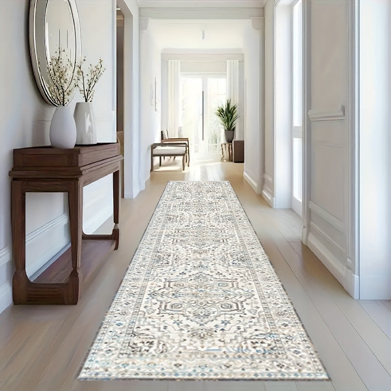 Vintage Bohemian Runner Rug available in various sizes (2x6ft, 2x8ft, 2x10ft) with non-slip backing. Made of durable crystal velvet material, this machine washable polyester rug is perfect for hallways, living rooms, bedrooms, sunrooms, and hardwood