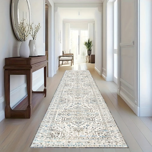 Vintage Bohemian Runner Rug available in various sizes (2x6ft, 2x8ft, 2x10ft) with non-slip backing. Made of durable crystal velvet material, this machine washable polyester rug is perfect for hallways, living rooms, bedrooms, sunrooms, and hardwood