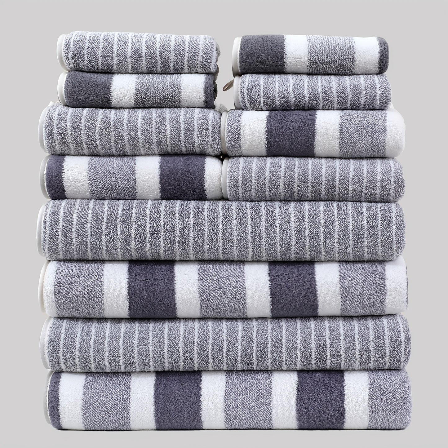 Set of 12 soft and thick microfiber towels ideal for home bathroom, quick-dry absorbent, 85% polyester, 15% nylon, 300gsm, woven wash cloths.