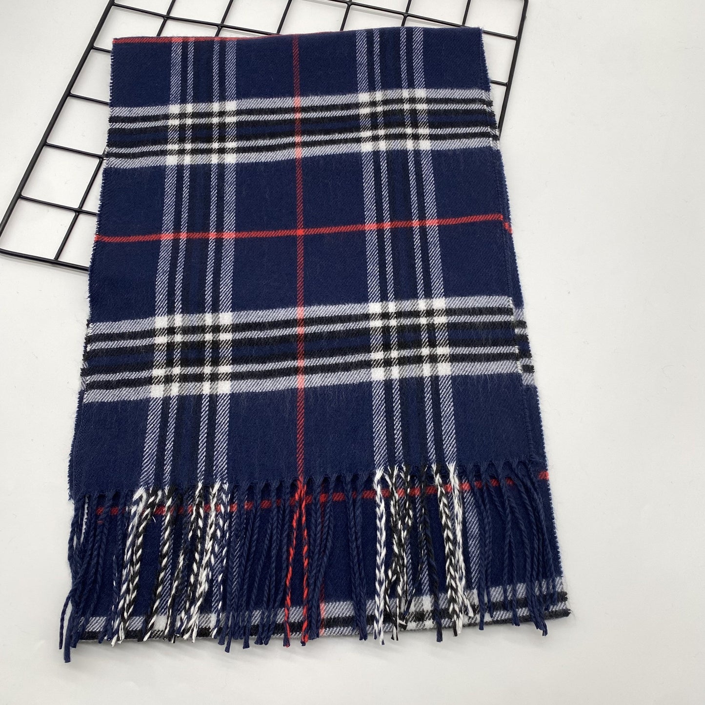 Soft and warm woven polyester men's scarf with classic checkered stripe design and fringe detail - 1 piece of classic style scarf.