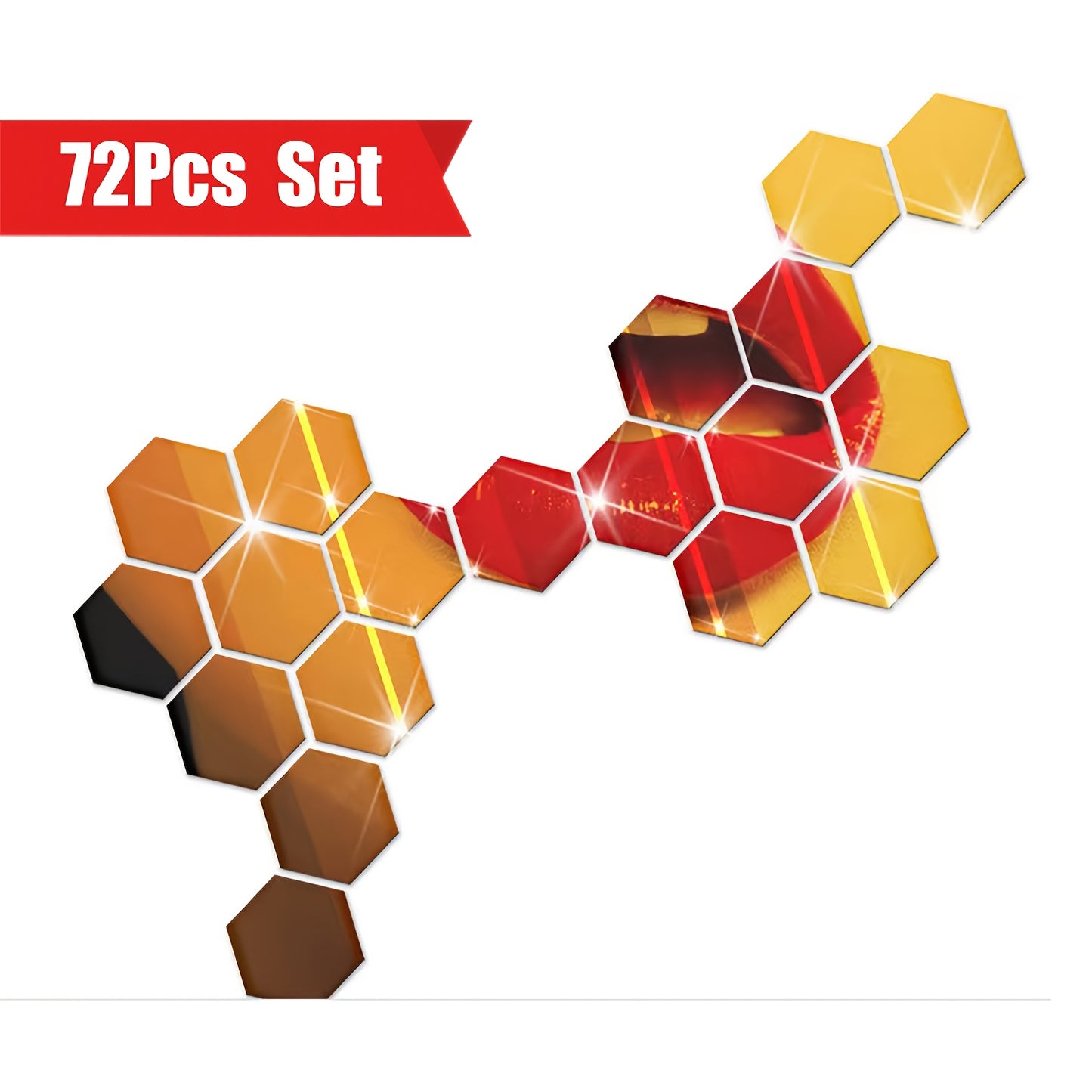 72 piece hexagon mirror wall stickers for DIY home decor, with self-adhesive acrylic tiles for a creative 3D effect.