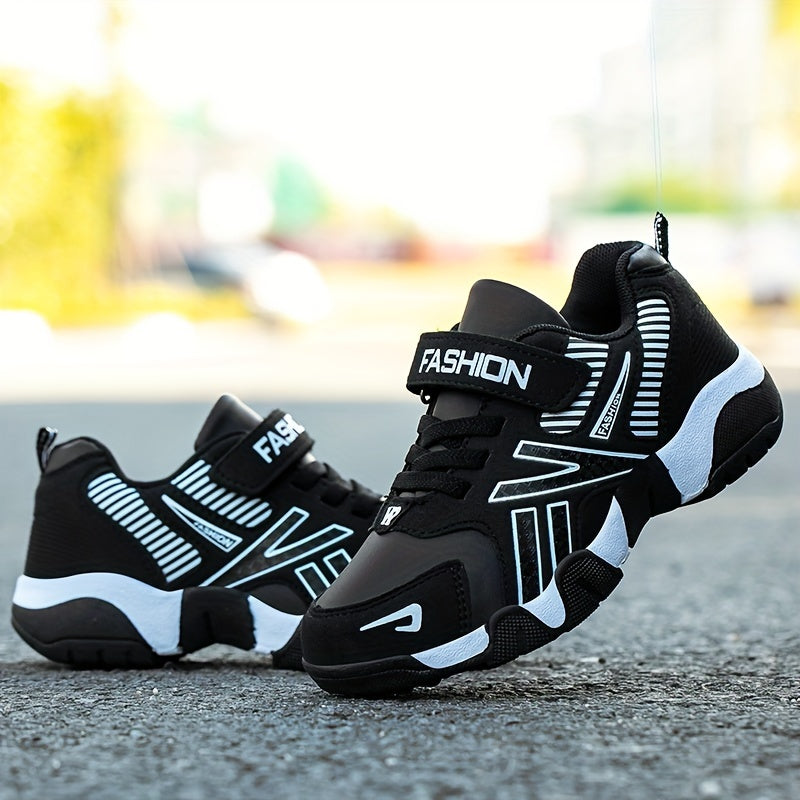 Boys' fashion athletic sneakers with geometric pattern, adjustable closure, PU upper, fabric inner, rubber sole, and round toe. Suitable for age 14 and under.