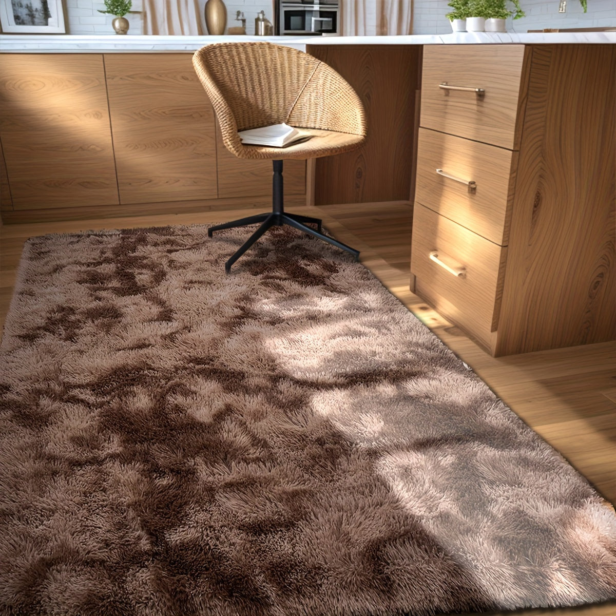 Soft shaggy area mat with a tie-dye design, made with 260g polyester and a 0.6cm thick sponge base. Features a 21 density for added comfort. Machine washable and suitable for indoor use in living rooms, bedrooms, game rooms, and dorms. This Nordic style