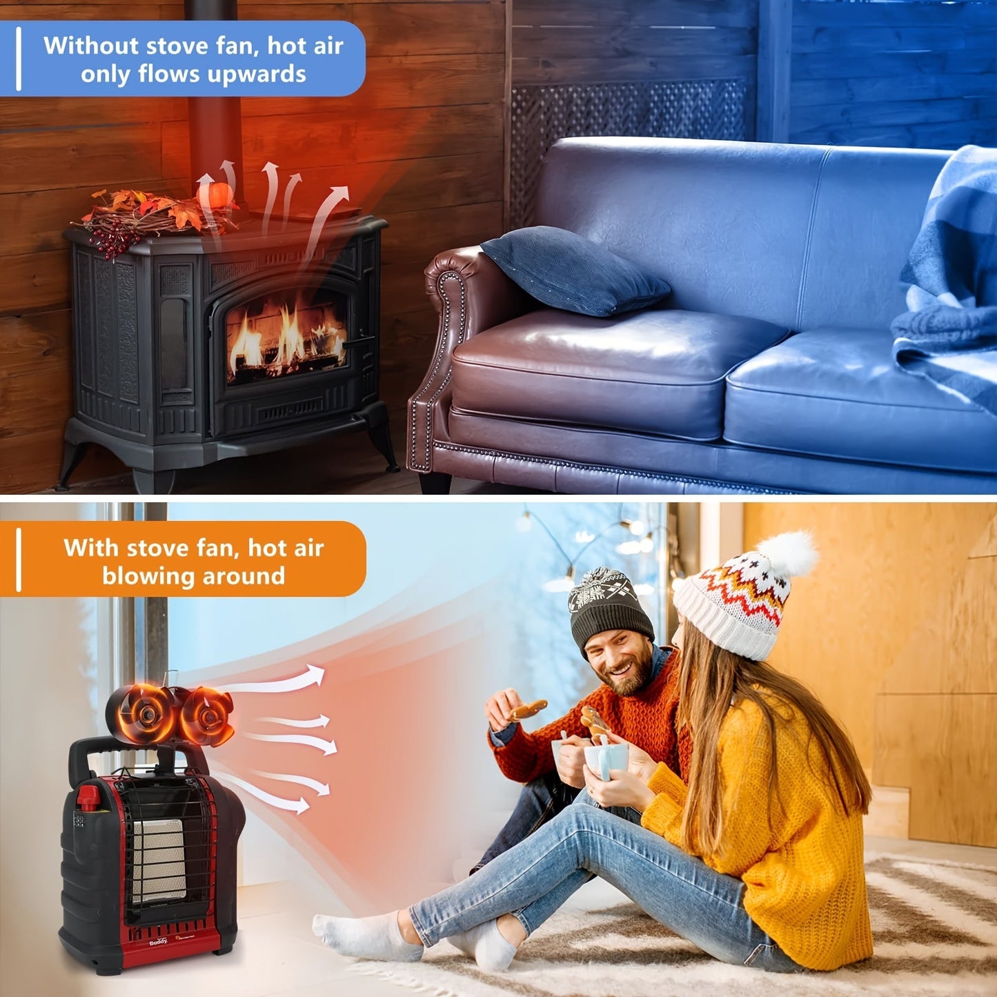 Wood stove fan with dual motor, 8 blade design, and magnetic thermometer. Perfect for use with eco-friendly heat sources like wood burning stoves, wood pellets, and more during the winter months.