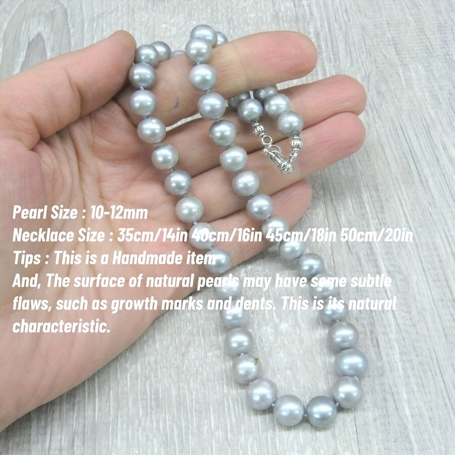 This MYSOYA natural freshwater pearl necklace is handmade with care and features 100% silvery gray pearls. The vintage elegant style and 10-12mm pearls make it a versatile piece of unisex jewelry. It comes in a beautiful gift box, making it the perfect