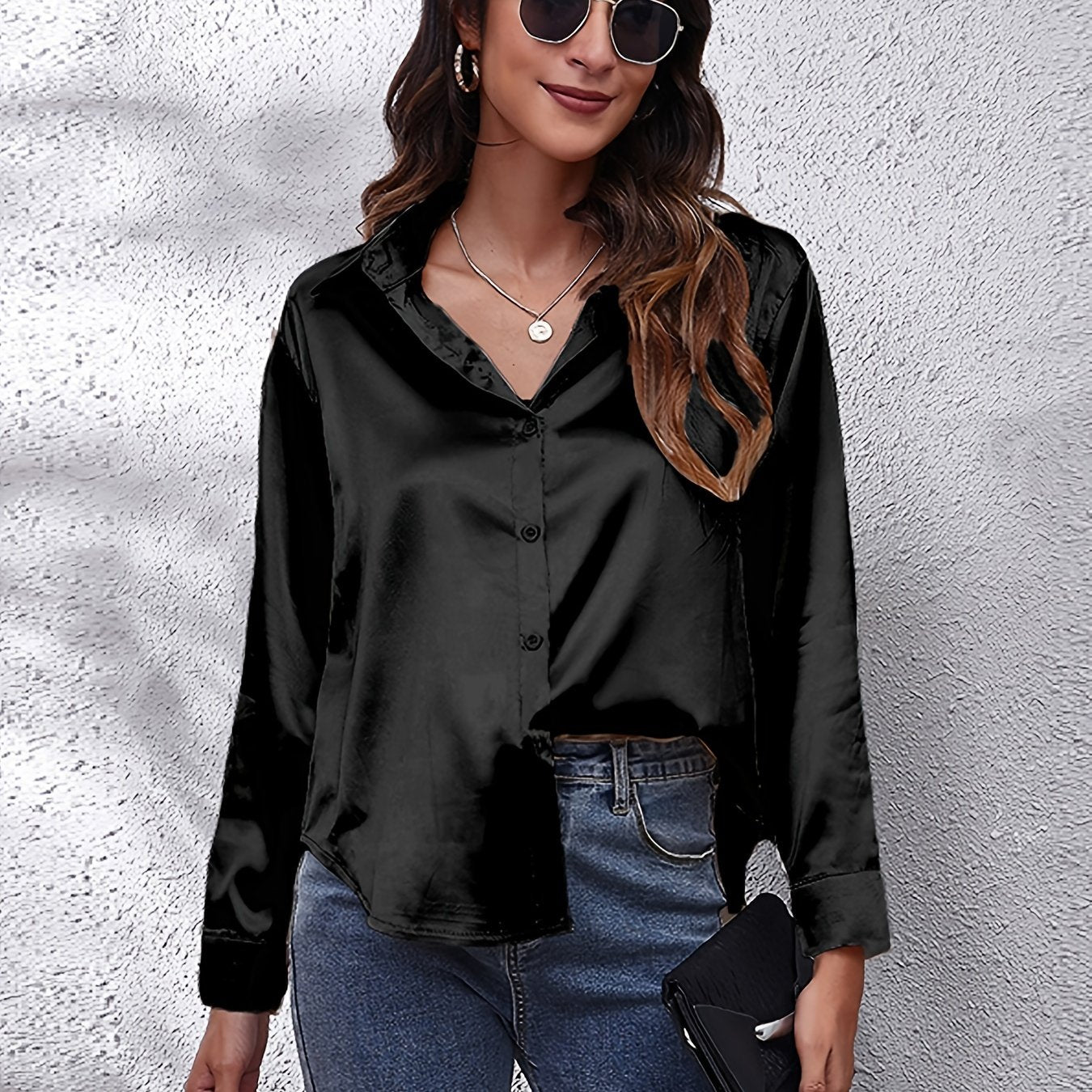 Women's Elegant Satin Shirt with Lapel Collar, Polyester, Solid Color, Regular Length, Single Breasted