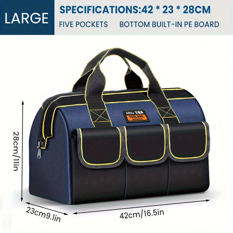 AIRAJ offers tool bags in sizes 33.02 cm, 40.64 cm, and 45.72 cm. Made of durable Oxford cloth, these electrician tool bags have multiple pockets and waterproof storage, making them ideal