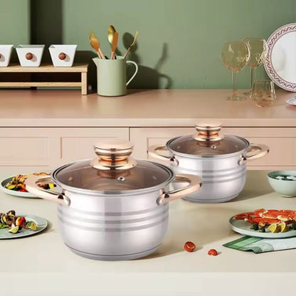 A durable set of 12 stainless steel cookware pieces featuring lids with anti-bronzing handles and visible lids. The 7-layer thickened covers provide durability, while the healthy material ensures safe cooking. This set includes a variety of kitchen pots