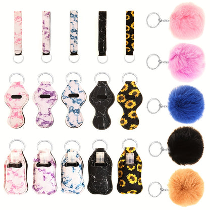 Set of 20 lipstick cases, sanitizer bottle keychain pendants, and plush ball ornaments in a bottle case design.