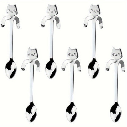 Set of 6 adorable cat-shaped stainless steel spoons perfect for coffee, tea, and desserts. Great for home use, kitchen, or restaurant. Dishwasher safe and ideal for gifting during the holidays.