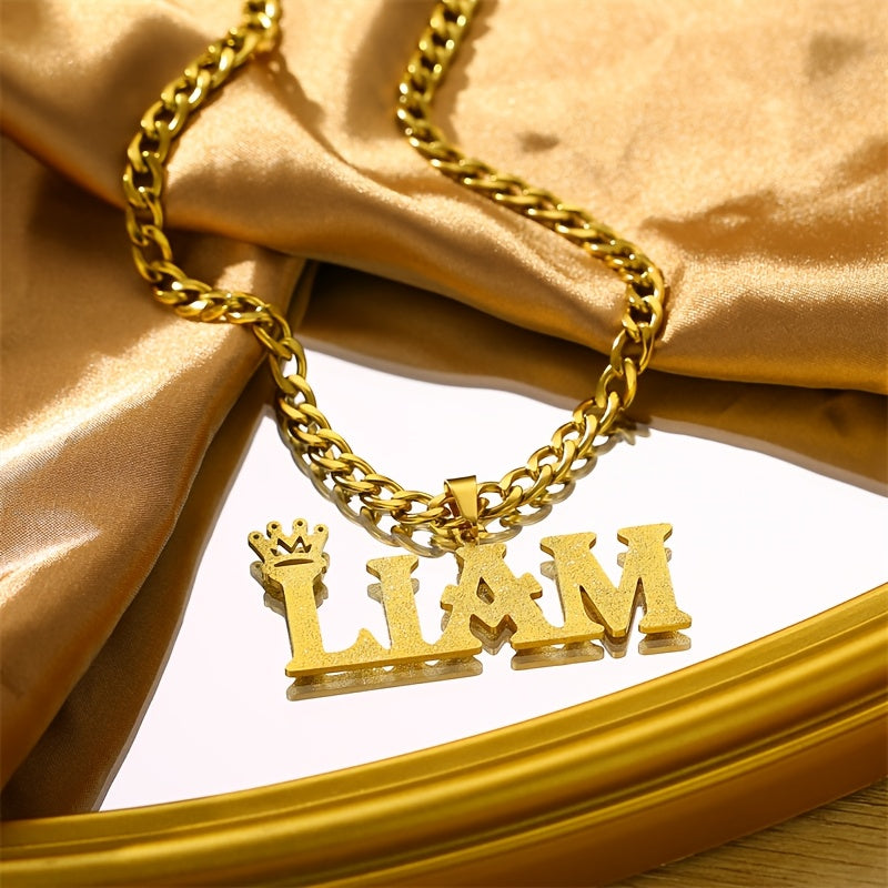 Customize your own name necklace with a crown pendant, plated in 18K gold. The necklace features a stainless steel 5mm Cuban chain in a hip hop classic style. The nameplate is detachable and comes with an extra stainless steel 5mm Cuban chain for both