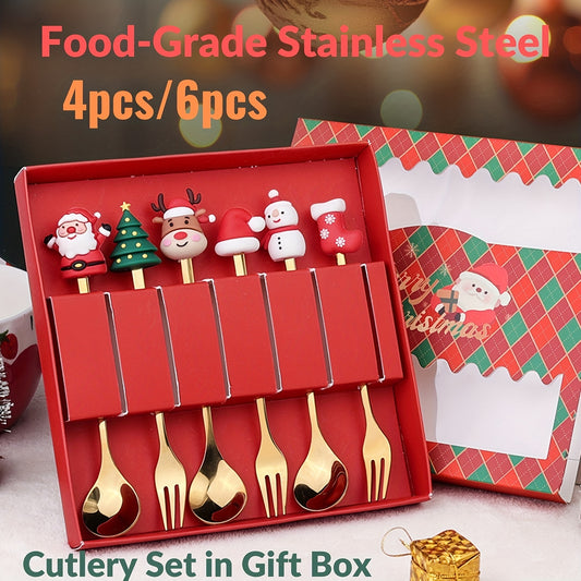 Christmas-themed stainless steel cutlery set includes 4 or 6 pieces in a gift box, featuring Santa, Christmas tree, and reindeer figurine designs. Perfect for serving desserts, cakes, fruit, and coffee during the holiday season. Great gift idea for