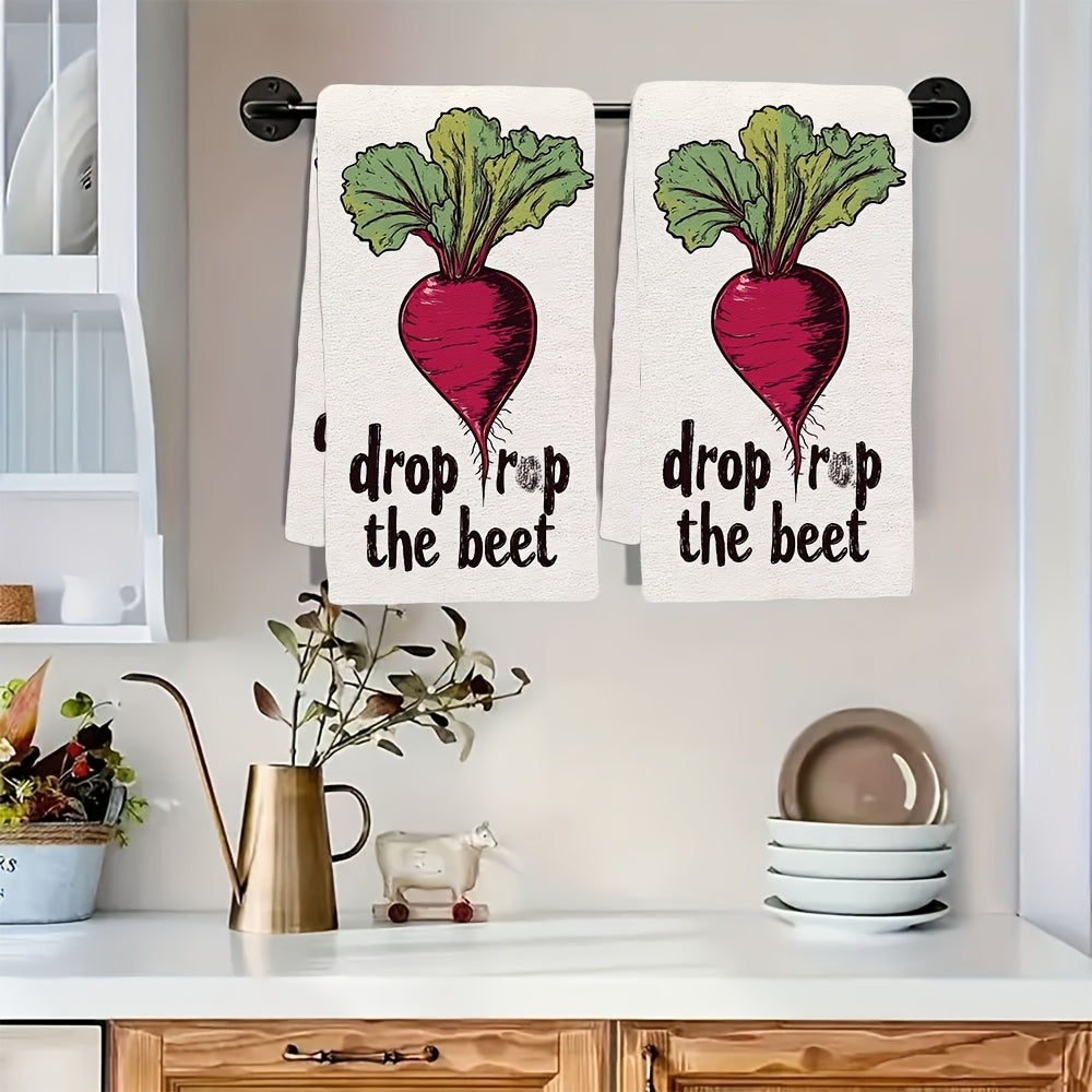 2 pieces of ultra soft polyester kitchen towels with a humorous "Drop the Beet" design. These towels are highly absorbent, machine washable, and measure 40.64x60.96 cm. Perfect for holiday decor and everyday use in the kitchen.