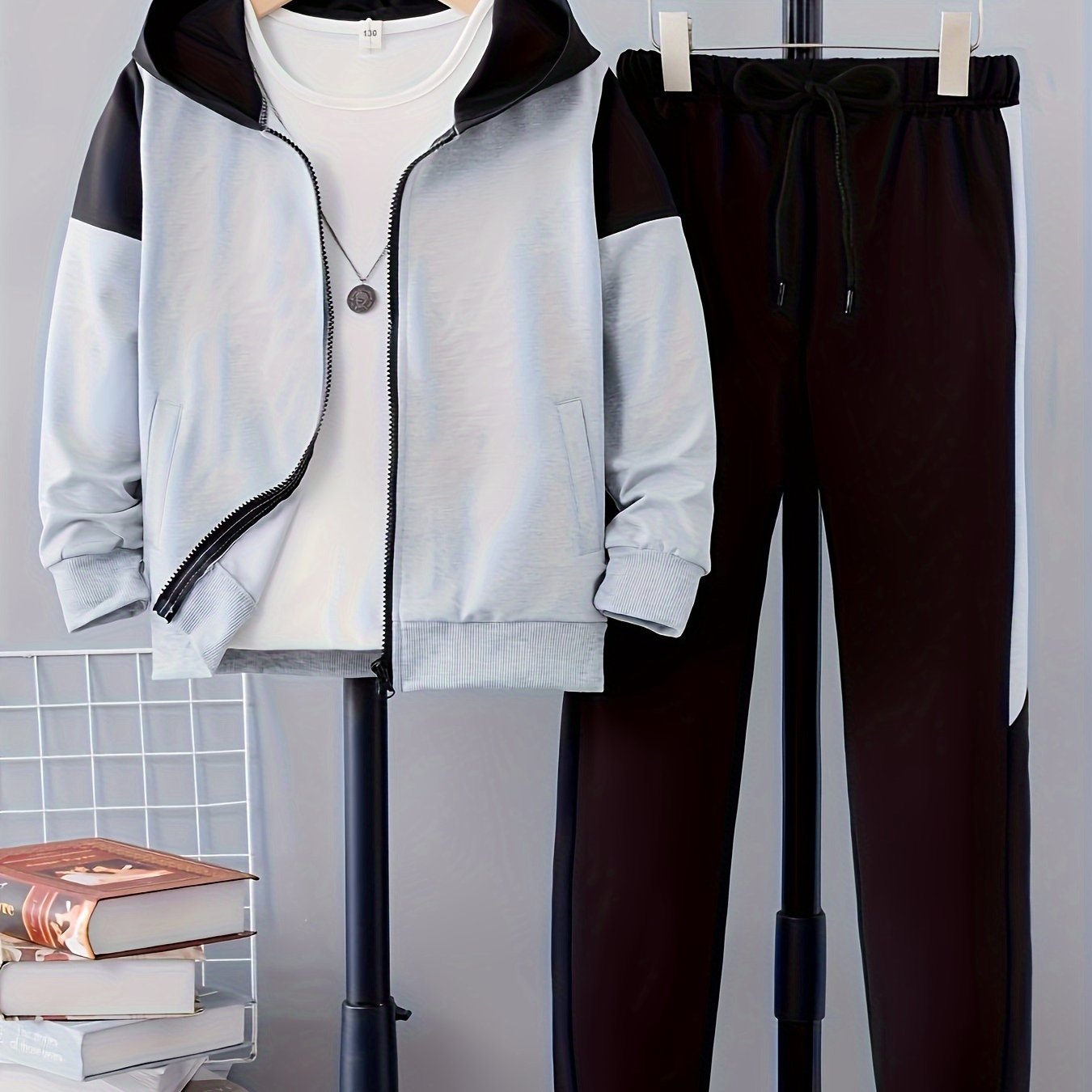 Boys' 2-piece trendy outfit featuring hooded zip-up jacket and sweatpants for spring and fall daily and outdoor wear.