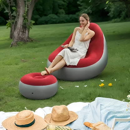 The Single Stool/Sofa And Stool Combo is an inflatable sofa that can also be used as a portable outdoor waterproof sofa. It is a versatile piece of furniture that can be transformed into a folding lounge chair or an outdoor sofa bed with footrest. The