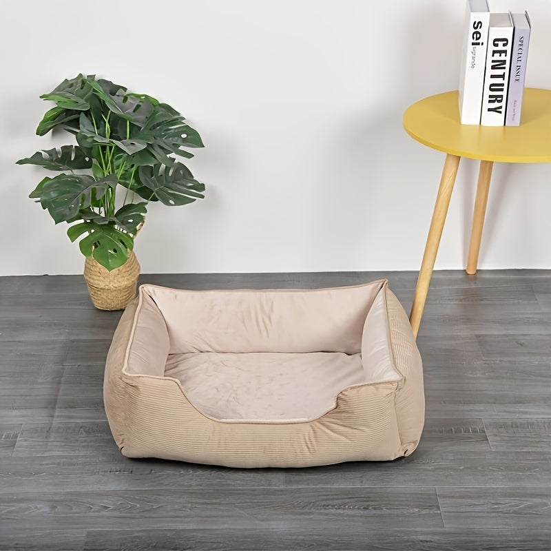 Square pet bed for medium to large dogs, cozy and warm with polyester fiber and pillow cushion, perfect for winter comfort. Beige, non-assemblable design.