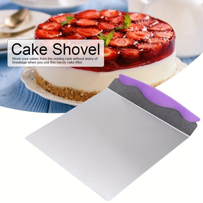 Durable stainless steel cake lifter with rubber handle, ideal for transferring cakes and pizzas. Perfect kitchen gift for bakers.