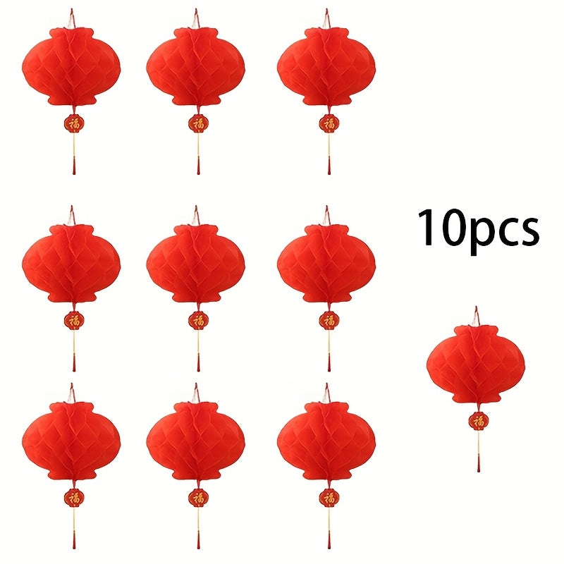 10 classic red honeycomb lanterns, paper hanging decorations for various occasions, no electricity necessary, suitable for festive home and garden decor.