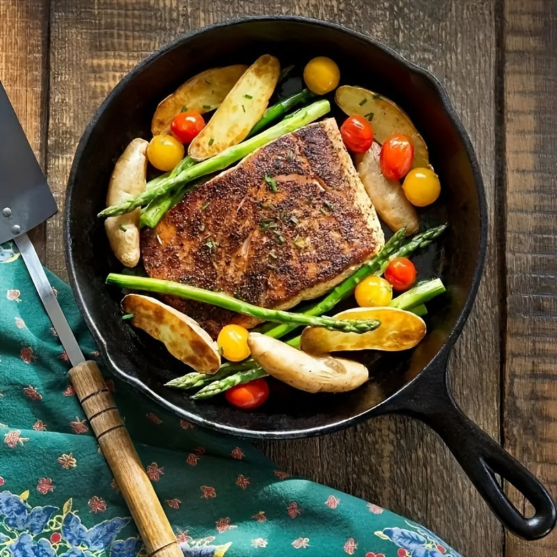 A set of four pre-seasoned cast iron skillets perfect for sauteing, stewing, and baking. Ideal for making apple pies and quiches, these versatile frying pans are a must-have for any kitchen.