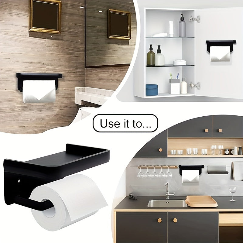 Toilet roll holder with shelf for bathroom storage and organization.