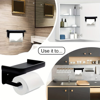 Toilet roll holder with shelf for bathroom storage and organization.