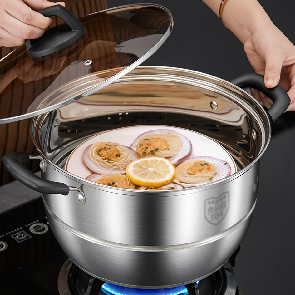 Versatile Stainless Steel Kitchen Set: Features a Stockpot and Steamer with Comfortable Silicone Handles