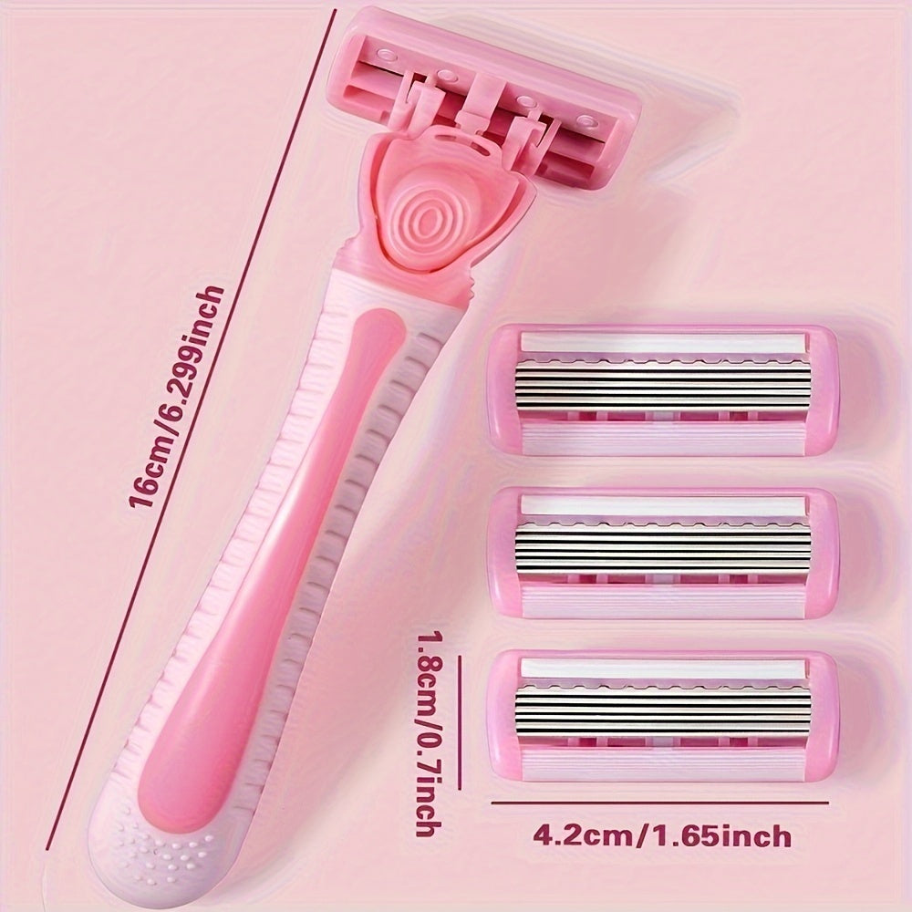 Women's bikini hair removal kit with 6-layer stainless steel blades, replaceable heads, hypoallergenic, and washable for all skin types.