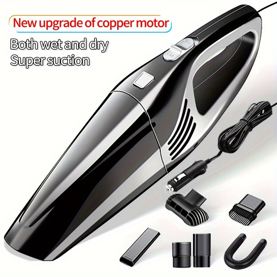 Powerful handheld car vacuum with strong suction, quiet operation, and crevice tool & dust brush. Includes 3-5m cord and plastic body for efficient cleaning.