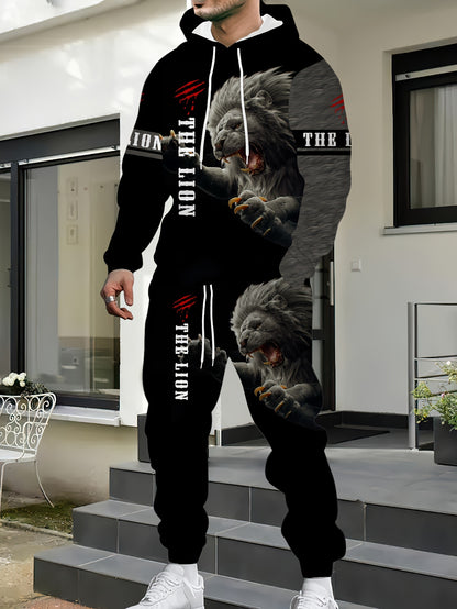 Men's Fierce Lion Graphic Hoodie & Sweatpants Set - Casual, 2-piece polyester outfit, long sleeve, machine washable, perfect for spring/fall.