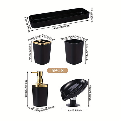 Stylish 5-piece black bathroom set with golden accents, includes lotion dispenser, toothbrush holder, cup, soap dish, and tray made of sleek plastic for elegant home decor.