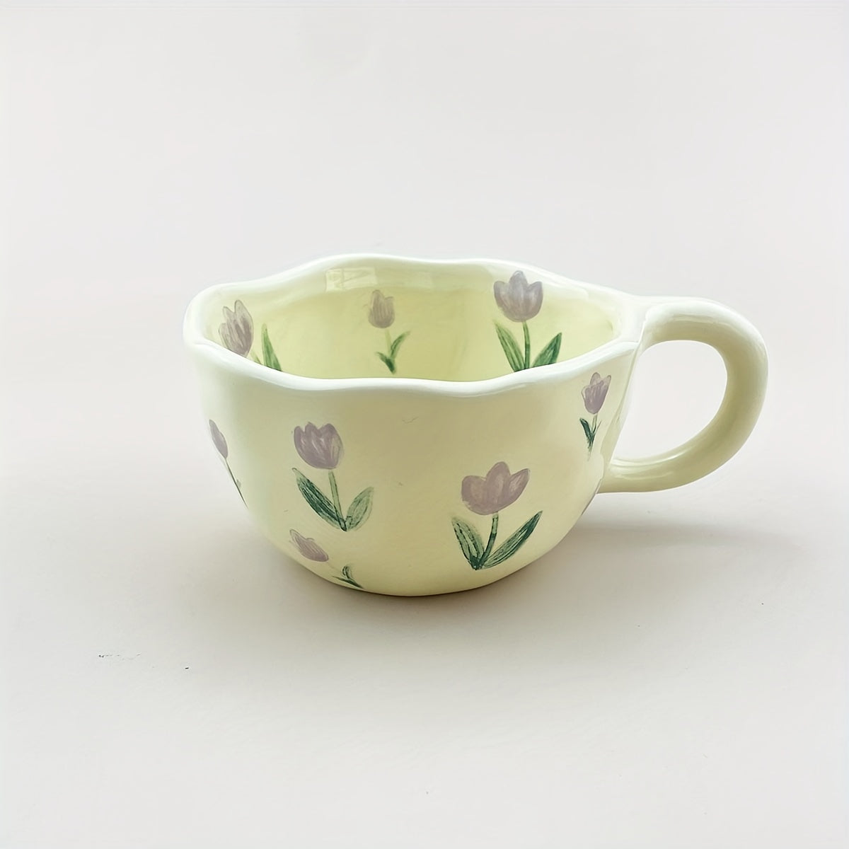 Ceramic mug with flowers pattern, irregular shape, Korean style, suitable for coffee, milk, tea, oatmeal, and breakfast.