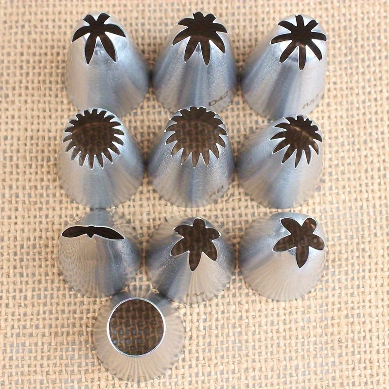 Durable and Easy to Clean Stainless Steel Icing Piping Tips Set - Includes 10pcs Cake Decorating Nozzles for Cupcakes, Cookies, and Cream Puffs - Food Grade Safe Baking Tools for Pastry and Desserts