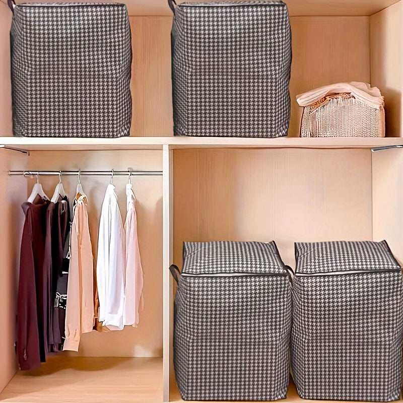 This storage box features classic houndstooth fabric with a thickened design for storing clothes, quilts, and other items. It is dustproof and moisture-proof, and includes a double zipper and handles for easy access. Perfect for use at home, while