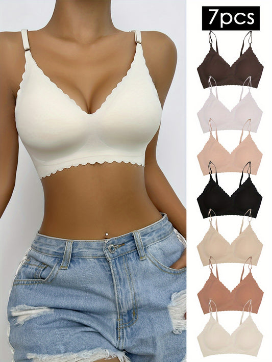 7-piece collection of solid push-up bras with removable pads for all-day comfort and support. Perfect for everyday wear.