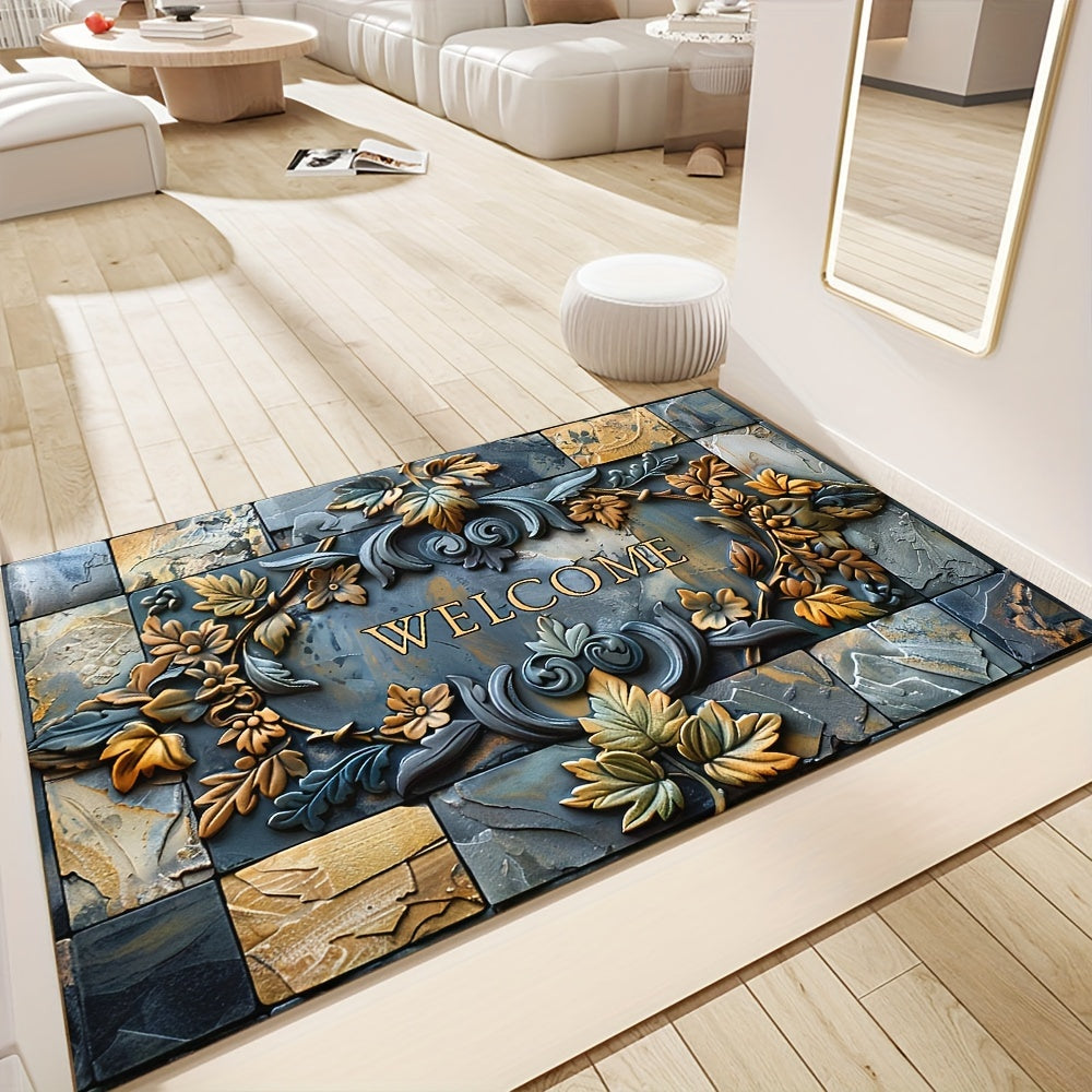 Opulent Welcome Mat with Elegant 3D Stone & Botanical Embossed Design - Features Non-Slip, Waterproof, and Machine Washable Polyester Material Perfect for Indoor and Outdoor Use - Enhance Entryway, Living Room, or Bathroom Décor