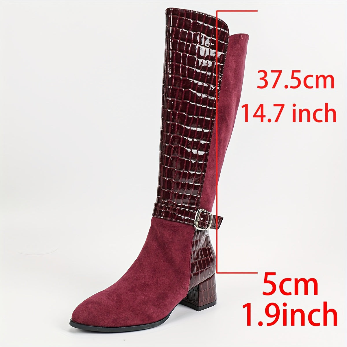 Wine red mid-heeled boots with pointed joints and side zippers, knee-high plush winter boots for a knightly look.