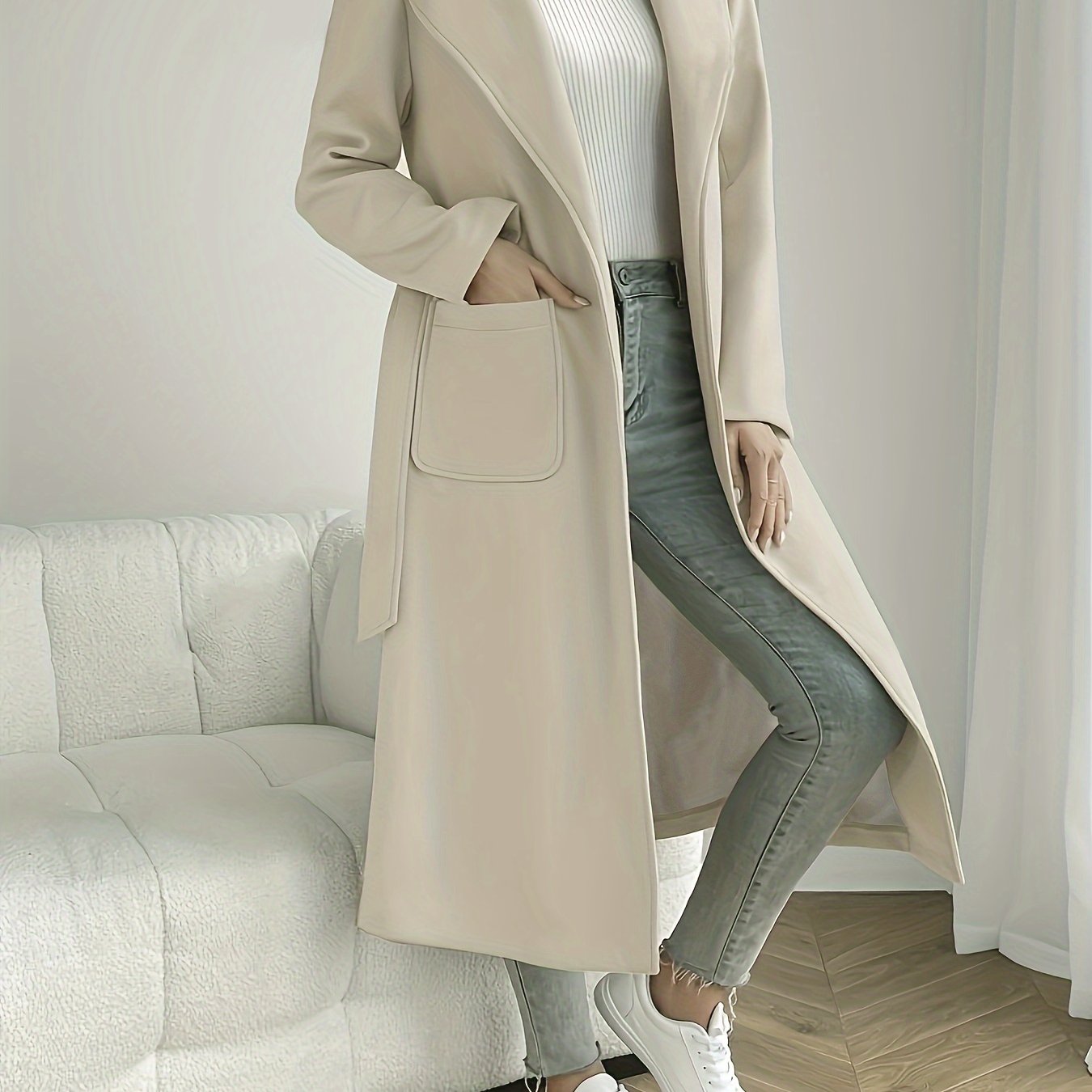 Solid color belted overcoat, stylish collar, long sleeves, mid-length for fall & winter, women's outerwear.