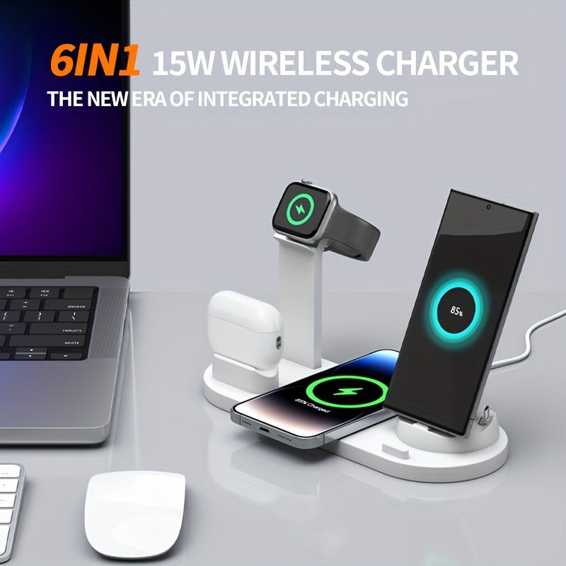 Wireless charger with fast charging for iPhone, Samsung, and Android series, also compatible with AirPods and iPhone Watch.