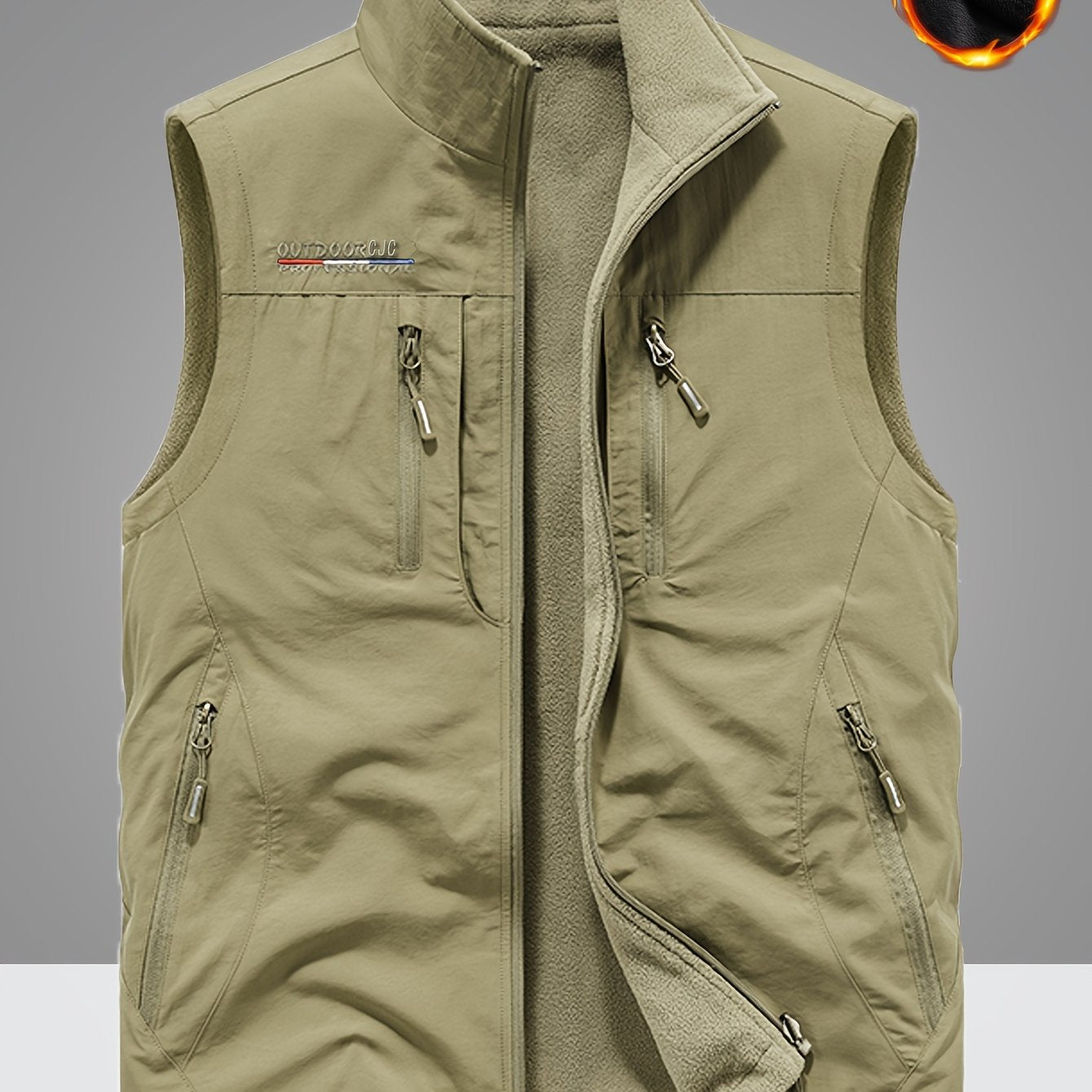 Thickened casual vests for men in autumn with fleece lining, multiple pockets, solid color, ideal for fishing and photography, with zipper.